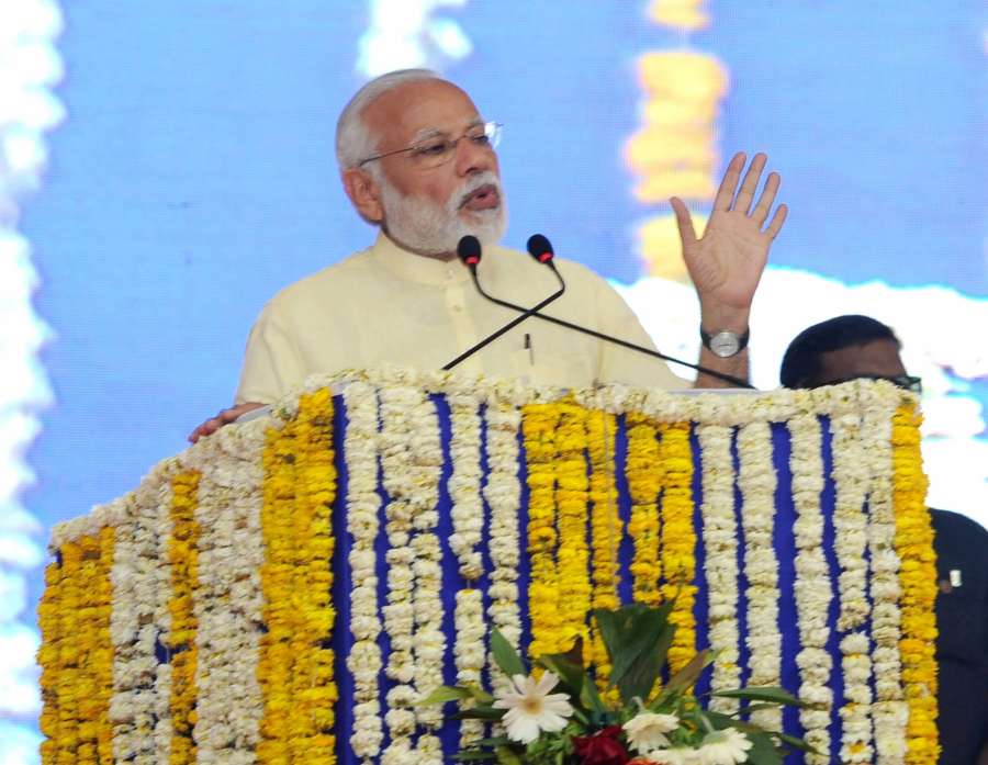 Bharuch: Prime Minister Narendra Modi addresses at the inauguration of the key infrastructure projects, in Bharuch, Gujarat on March 7, 2017. (Photo: IANS) by . 