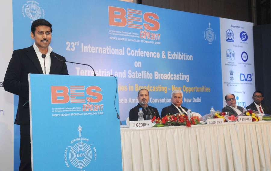 New Delhi: Union Minister of State for Information & Broadcasting, Col. Rajyavardhan Singh Rathore addresses during the inauguration of the "BES Expo 2017" - 23rd International Conference & Exhibition on Terrestrial & Satellite Broadcasting, organised by the Broadcast Engineering Society (India) in New Delhi on Feb 2, 2017. (Photo: IANS/PIB) by . 