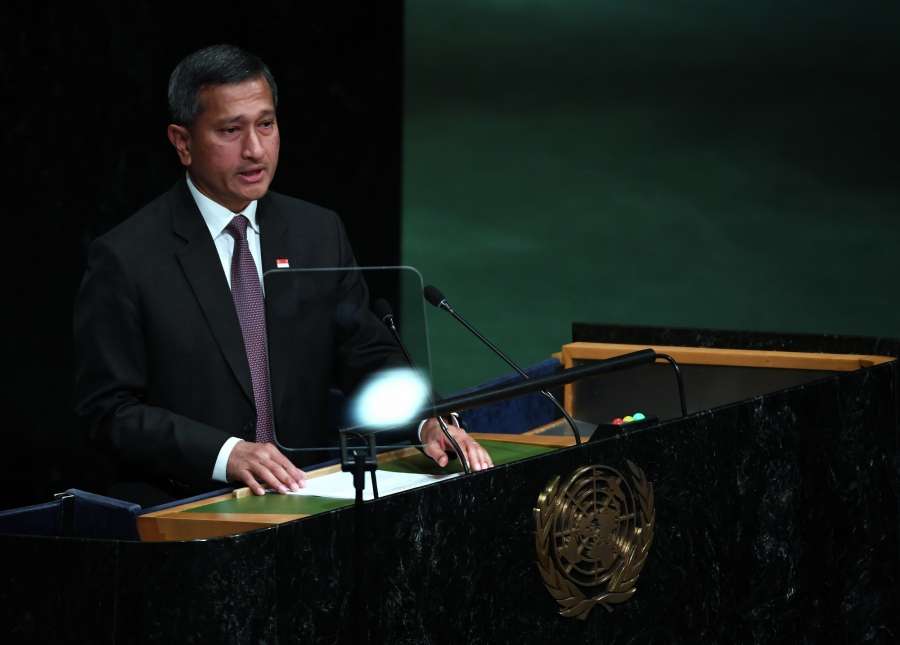 UNITED NATIONS, Sept. 27, 2016 (Xinhua) -- Singapore's Minister for Foreign Affairs Vivian Balakrishnan addresses the 71st session of United Nations General Assembly during the general debate at the UN headquarters in New York, Sept. 26, 2016. (Xinhua/Yin Bogu/IANS) by . 