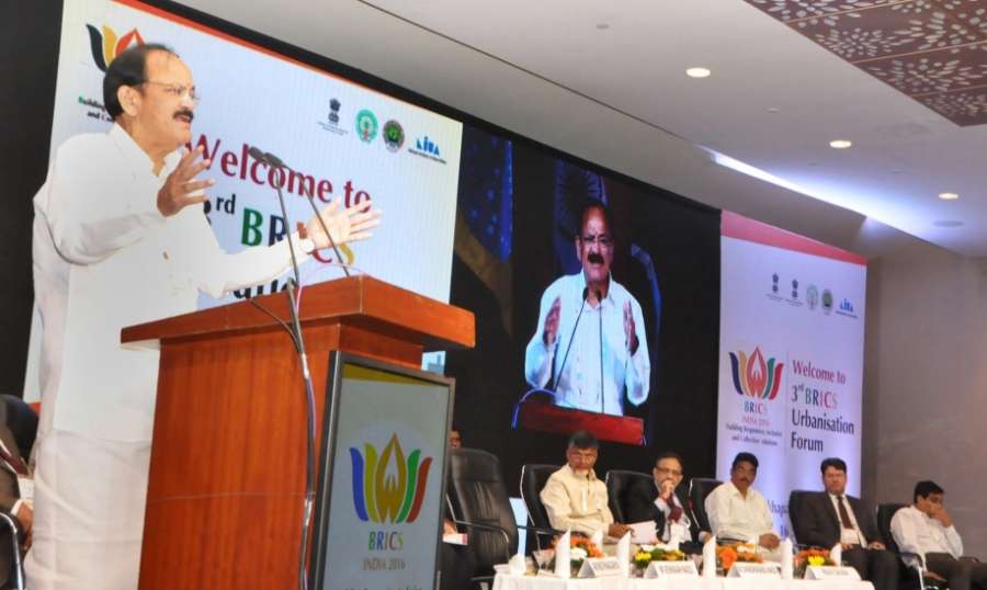 Visakhapatnam: Union Minister for Urban Development, Housing & Urban Poverty Alleviation and Information & Broadcasting, M. Venkaiah Naidu addresses at the inauguration of the 3rd BRICS Urbanisation Forum, in Visakhapatnam on Sept 14, 2016. Photo (IANS/PIB) by .