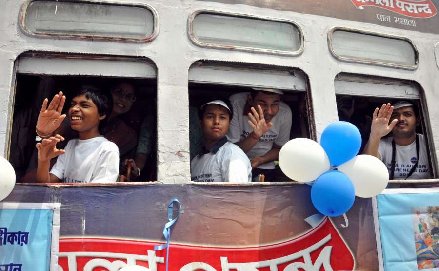 Kolkata: Children suffering from Autism enjoy a tram ride on "World Autism Awareness Day" in Kolkata on April 1, 2017. (Photo: Kuntal Chakrabarty/IANS) by . 