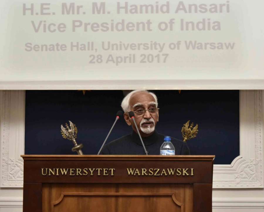 Warsaw: Vice President M Hamid Ansari addresses at the University of Warsaw, in Warsaw, Poland on April 28, 2017. (Photo: IANS/PIB) by . 
