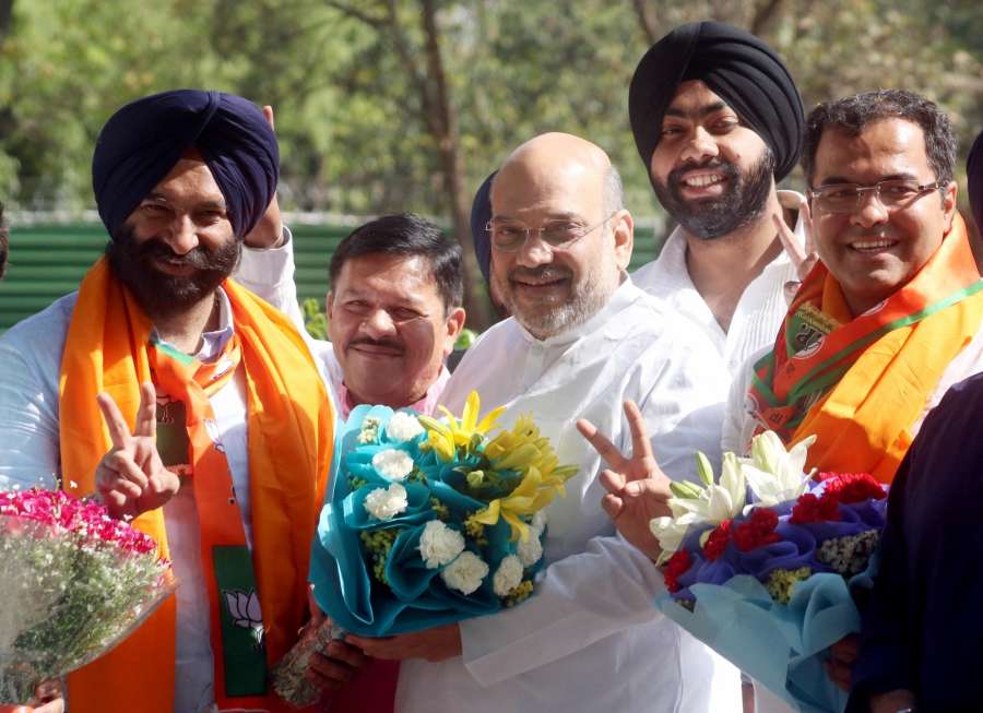 New Delhi: BJP's Manjinder Singh Sirsa who won Delhi assembly byelection from the Rajouri Garden constituency call on party chief Amit Shah in New Delhi, on April 13, 2017. (Photo: IANS) by .