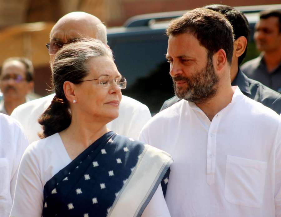 New Delhi: Congress chief Sonia Gandhi and party vice president Rahul Gandhi come out after meeting President Pranab Mukherjee at Rashtrapati Bhawan on April 12, 2017. (Photo: IANS) by . 