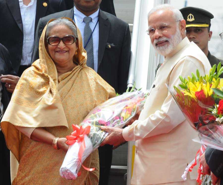 New Delhi: Bangladesh Prime Minister Sheikh Hasina being received by Prime Minister Narendra Modi, on her arrival, at Air Force Station Palam, in New Delhi on April 7, 2017. (Photo: IANS/PIB) by . 