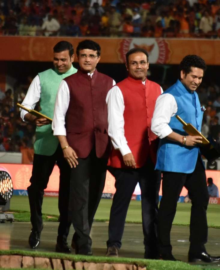 Hyderabad: Cricket Association of Bengal President Sourav Ganguly with Sachin Tendulkar, V. V. S. Laxman and Virender Sehwag mentors of Mumbai Indians, Sunrisers Hyderabad and Kings XI Punjab respectively during the opening ceremony of IPL 2017 at Rajiv Gandhi International Stadium in Hyderabad on April 5, 2017. (Photo: IANS) by . 