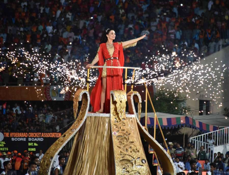Hyderabad: Actress Amy Jackson performs during the opening ceremony of IPL 2017 at Rajiv Gandhi International Stadium in Hyderabad on April 5, 2017. (Photo: IANS) by . 