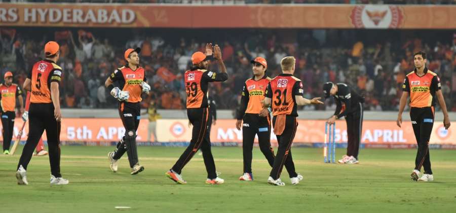 Hyderabad: Sunrisers Hyderabad players celebrate after winning the first match of IPL 2017 against Royal Challengers Bangalore at Rajiv Gandhi International Stadium in Hyderabad on April 5, 2017. (Photo: IANS) by . 