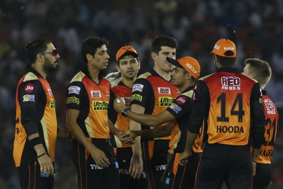 Mohali: Sunrisers Hyderabad celebrate fall of a wicket during an IPL 2017 match between Sunrisers Hyderabad and Kings XI Punjab at Punjab Cricket Association IS Bindra Stadium in Mohali on April 28, 2017. (Photo: Surjeet Yadav/IANS) by . 