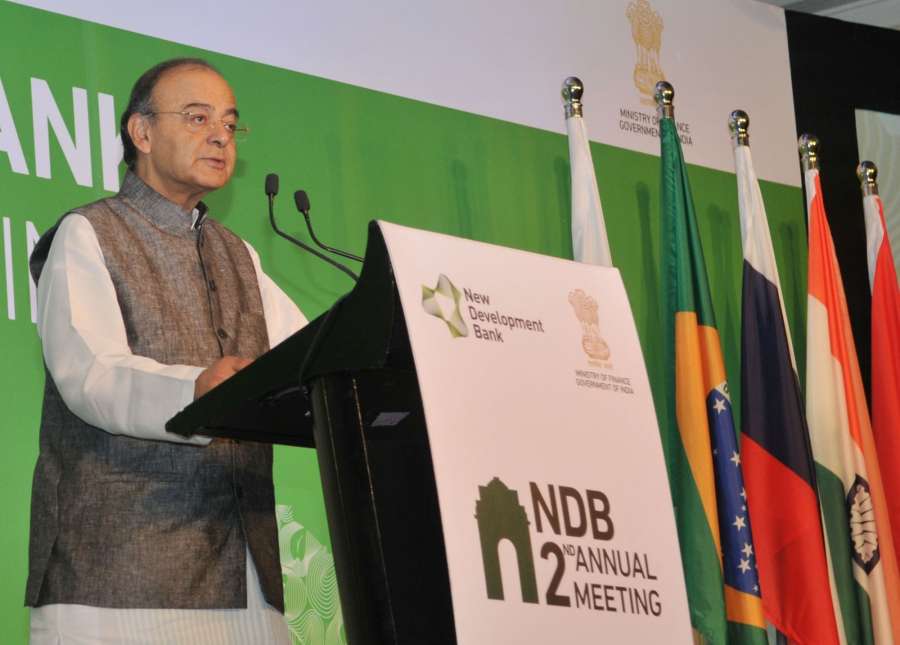 New Delhi: Union Minister for Finance, Corporate Affairs and Defence Arun Jaitley addresses at the opening ceremony of the Second New Development Bank (NDB) Annual Board of Governors' meeting, in New Delhi on April 1, 2017. (Photo: IANS/PIB) by . 