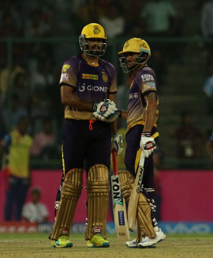 New Delhi: Yusuf Pathan and Manish Pandey of Kolkata Knight Riders during an IPL 2017 match between Delhi Daredevils and Kolkata Knight Riders at Feroz Shah Kotla in New Delhi on April 17. 2017. (Photo: Surjeet Yadav/IANS) by .