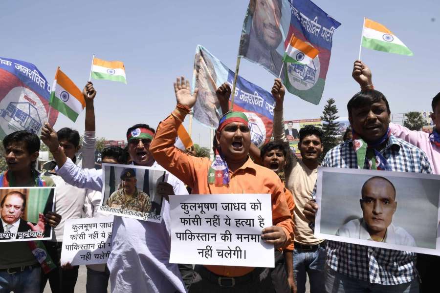 Patna: LJP workers stage a demonstration in front of Pakistan High Commission after a Pakistani Field General Court Martial awarded the capital punishment to former Indian Navy officer Kulbhushan Jadhav, in âPatna on April 11, 2017. Jadhav was arrested on March 3, 2016, reportedly in Balochistan. He has been accused of "involvement in espionage and sabotage activities against Pakistan". (Photo: IANS)â by . 