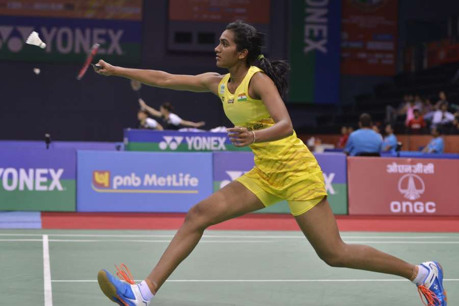 New Delhi: Indian shuttler P V Sindhu in action against compatriot Saina Nehwal in the quarter-final match of 2017 India Open World Superseries badminton championships in New Delhi, on March 31, 2017. PV Sindhu won. (Photo: IANS) by . 