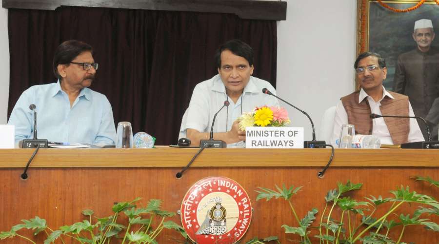 New Delhi: Union Minister for Railways Suresh Prabhu addresses at the flag-off of the New Trains and dedication of New Freight Terminals, through video conferencing from Rail Bhavan, in New Delhi on April 19, 2017. Also seen Railway Board Chairman AK Mital and the Member Traffic, Railway Board Mohd. Jamshed. (Photo: IANS/PIB) by . 