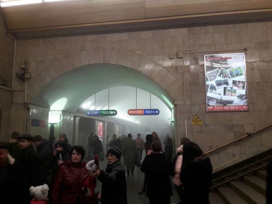 St. Petersburg: April 3, 2017 (Xinhua) The photo taken on April 3, 2017 shows the blast site at a metro station in St. Petersburg, Russia. At least 10 people were killed, 50 injured and 7 stations were shut down after blasts. (Xinhua/vk.com/car crash and accident in St. Petersburg) (gl/IANS) by . 