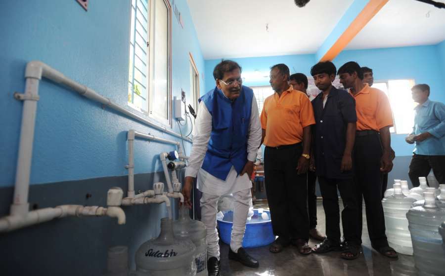 Madhusudankati: Sulabh International founder Bindeshwar Pathak at the inauguration of a water treatment plant that has been set up at Madhusudankati village in West Bengal's North 24 Parganas district to provide arsenic free clean drinking water to villagers at a nominal cost, on March 29, 2017. (Photo Partha Mitra/IANS) by . 