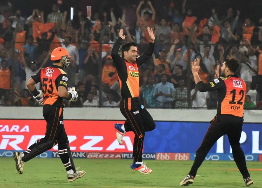 Hyderabad: Rashid Khan celebrates fall of David Miller's wicket during an IPL 2017 match between Sunrisers Hyderabad and Kings XI Punjab at Rajiv Gandhi International Stadium in Hyderabad on April 17, 2017. (Photo: IANS) by . 