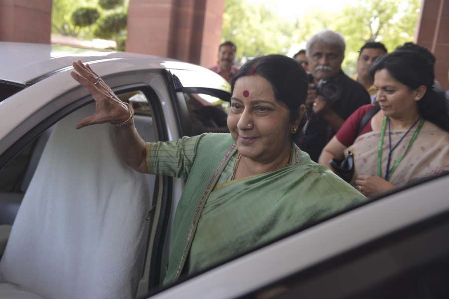New Delhi: External Affairs Minister Sushma Swaraj arrives at Parliament on April 5, 2017. (Photo: IANS) by . 