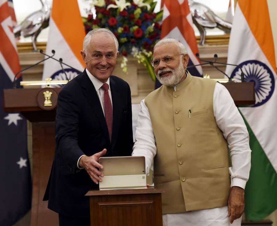 New Delhi: Prime Minister Narendra Modi and Australian Prime Minister Malcolm Turnbull during a joint press conference at Hyderabad House, in New Delhi on April 10, 2017. (Photo: IANS) by . 