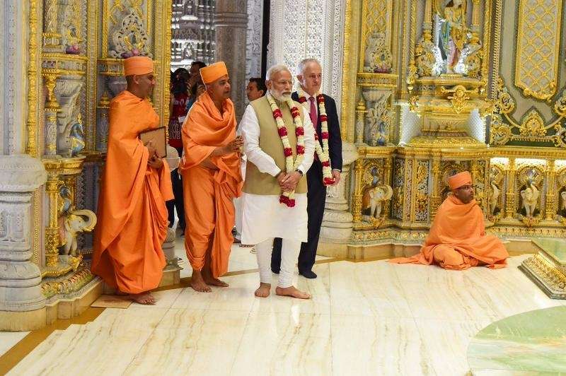 New Delhi: Prime Minister Narendra Modi and Australian Prime Minister Malcolm Turnbull visit in Akshardham temple on April 10, 2017. (Photo: IANS) by . 