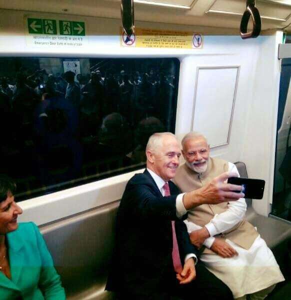 New Delhi: Prime Minister Narendra Modi and Australian Prime Minister Malcolm Turnbull travel in Delhi Metro on April 10, 2017. (Photo: IANS) by . 