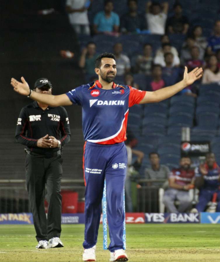 Pune: Delhi Daredevils captain Zaheer Khan celebrates after taking the wicket of Deepak Chahar during an IPL 2017 match between Rising Pune Supergiant and Delhi Daredevils at Maharashtra Cricket Association Stadium in Pune on April 11, 2017. (Photo: IANS) by . 