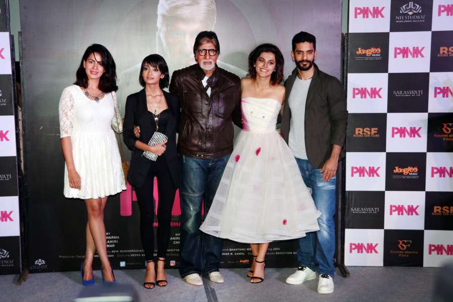 Mumbai: Actors Kirti Kulhari, Andrea Tariang, Amitabh Bachchan, Taapsee Pannu and Angad Bedi, and Piyush Mishra during the trailer launch of film Pink in Mumbai, on August 9, 2016. (Photo: IANS) by . 