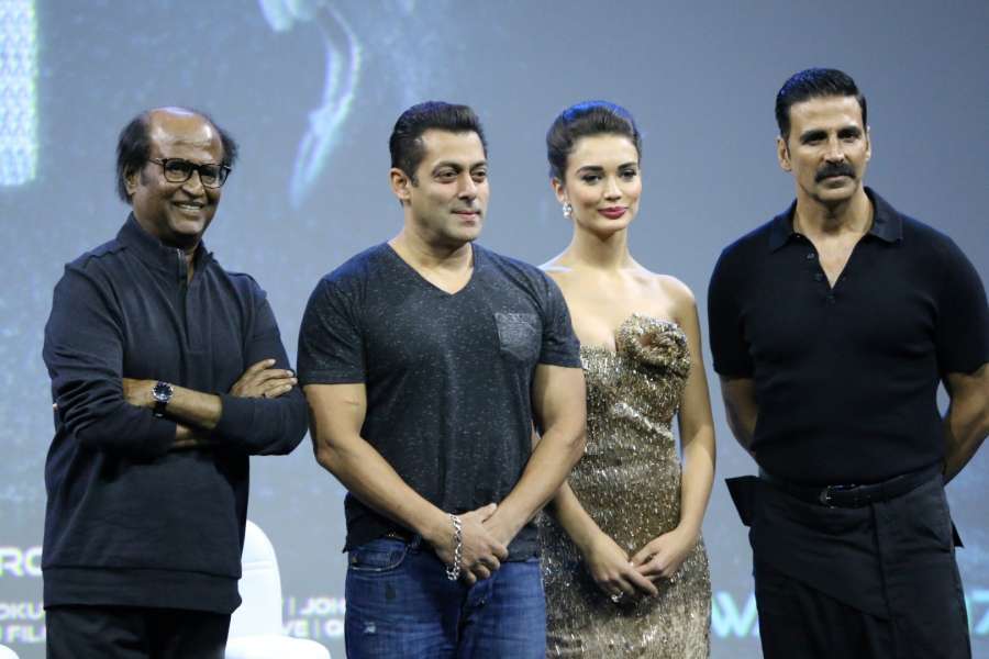 Mumbai: South Indian actor Rajinikanth, Akshay Kumar, Salman Khan and Amy Jackson during the first look of film 2.0, in Mumbai, on Nov 20, 2016. The film 2.0, is sequel to Enthiran (Robo in Telugu and Robot in Hindi). (Photo: IANS) by . 