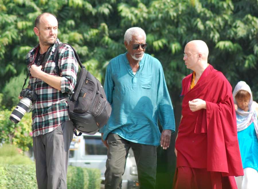 Varanasi: Hollywood Actor Morgan Freeman arrives at Sarnath Buddhist monasteries near Varanasi on Nov. 6, 2015. (Photo: IANS) by .