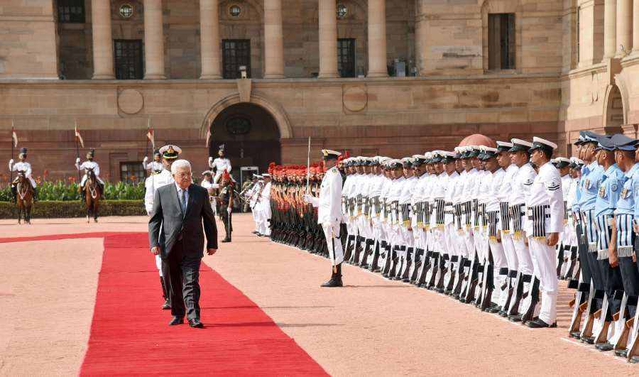 New Delhi: The President of the State of Palestine Mahmoud Abbas inspecting the Guard of Honour, at the Ceremonial Reception, at Rashtrapati Bhavan, in New Delhi on May 16, 2017. (Photo: IANS/PIB) by . 