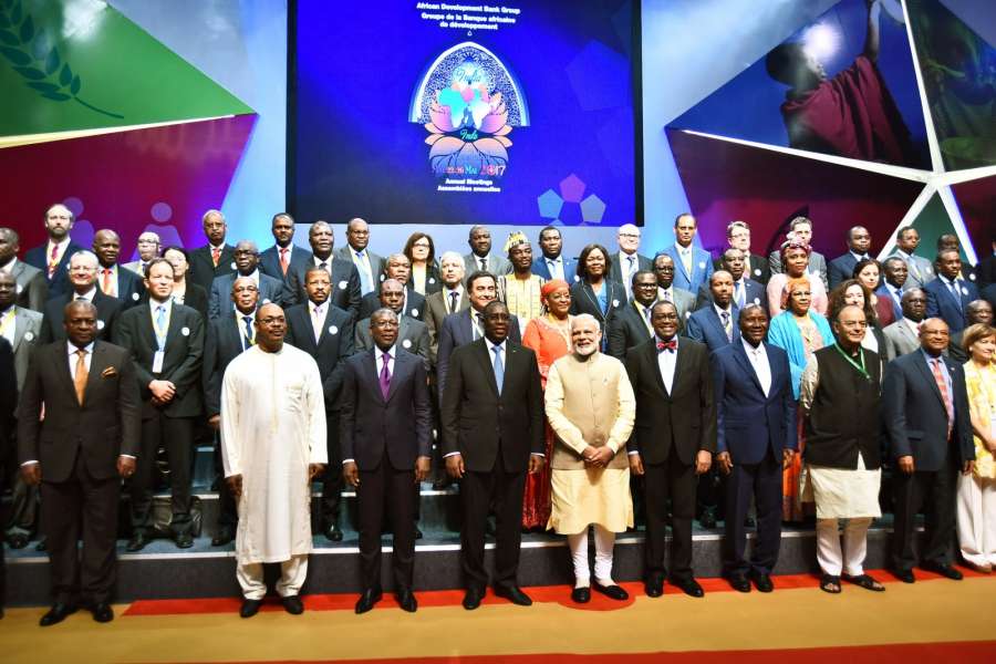 New Delhi: Prime Minister Narendra Modi and Finance Minister Arun Jaitley with foreign delegates at the 52nd African Development Bank Annual meetings, in Gandhinagar, Gujarat on May 23, 2017. (Photo: IANS/PIB) by .