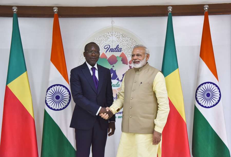New Delhi: Prime Minister Narendra Modi meets Benin President Patrice Talon, on the sidelines of the 52nd African Development Bank Annual meeting, in Gandhinagar, Gujarat on May 23, 2017. (Photo: IANS/PIB) by .