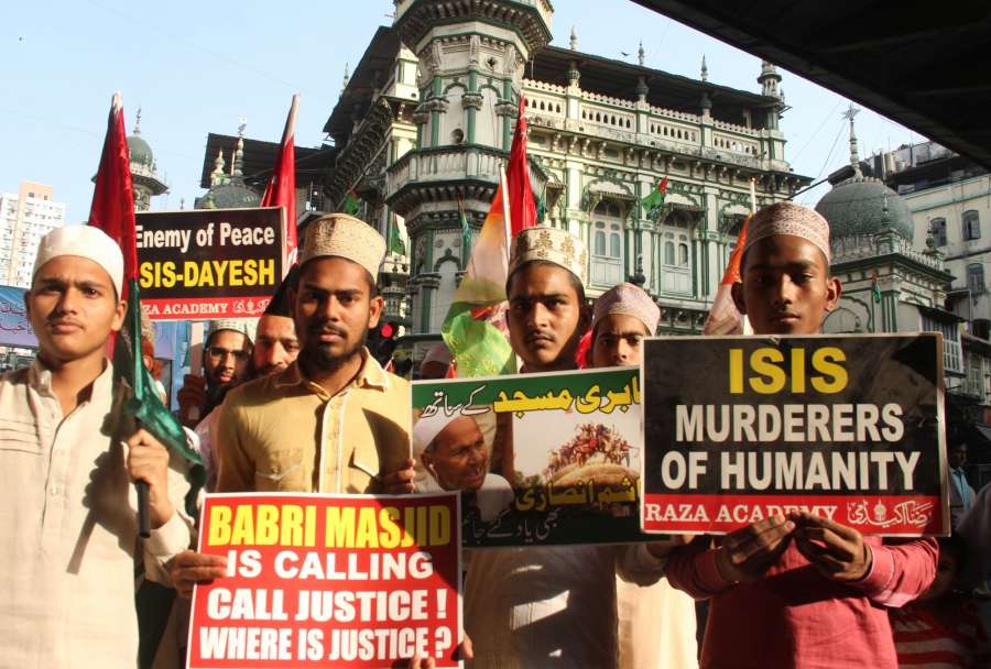 Mumbai: Members of a Raza Academy stage a demonstration against demolition of the Babri Masjid in Ayodhya; in Mumbai on Dec 6, 2016. Babri Masjid was demolished on Dec 6, 1992. (Photo: IANS) by .