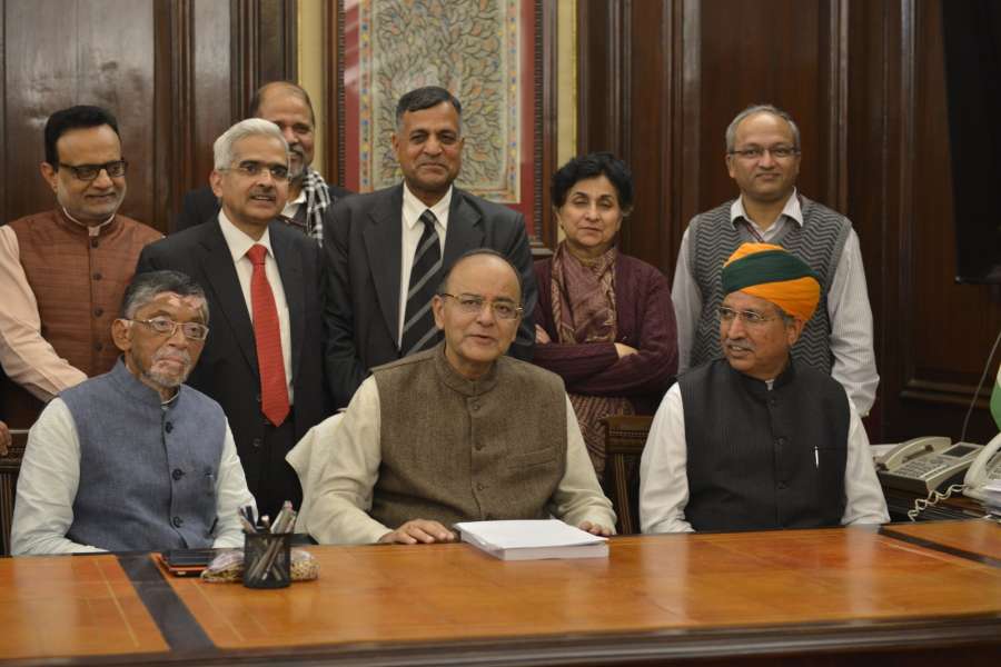 New Delhi: Union Minister for Finance and Corporate Affairs Arun Jaitley gives final touches to the Union Budget 2017-18, in New Delhi on Jan 31, 2017. Also seen Minister of State for Finance and Corporate Affairs Arjun Ram Meghwal, the Minister of State for Finance Santosh Kumar Gangwar, the Secretaries of the Ministry along with the full budget team. (Photo: IANS) by .