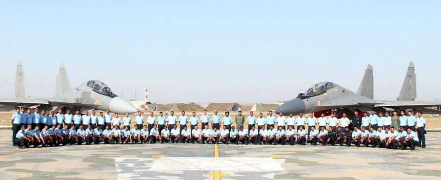 Halwara: The Air Officer Commanding-in-Chief Western Air Command, Air Marshal C Hari Kumar with the Squadron personnel of "THE VALIANTS" during the induction ceremony of Sukhoi Su-30MKI, at Air Force Station, Halwara (Punjab) on April 24, 2017. (Photo: IANS/PIB) by .
