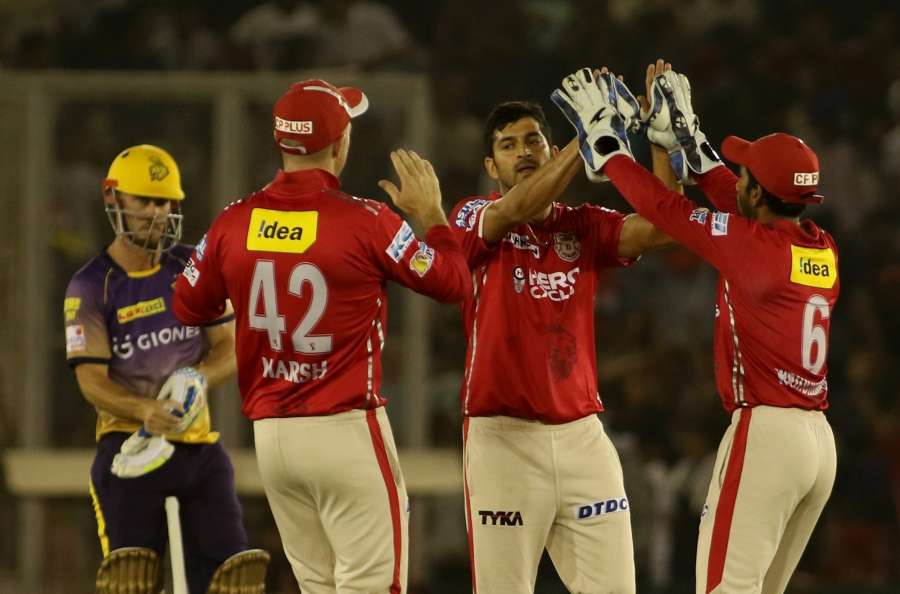 Mohali: Mohit Sharma of Kings XI Punjab celebrates fall of Sunil Narine's wicket during an IPL 2017 match between Kings XI Punjab and Kolkata Knight Riders at Punjab Cricket Association IS Bindra Stadium in Mohali, Punjab on May 9, 2017. (Photo: Surjeet Yadav/IANS) by .