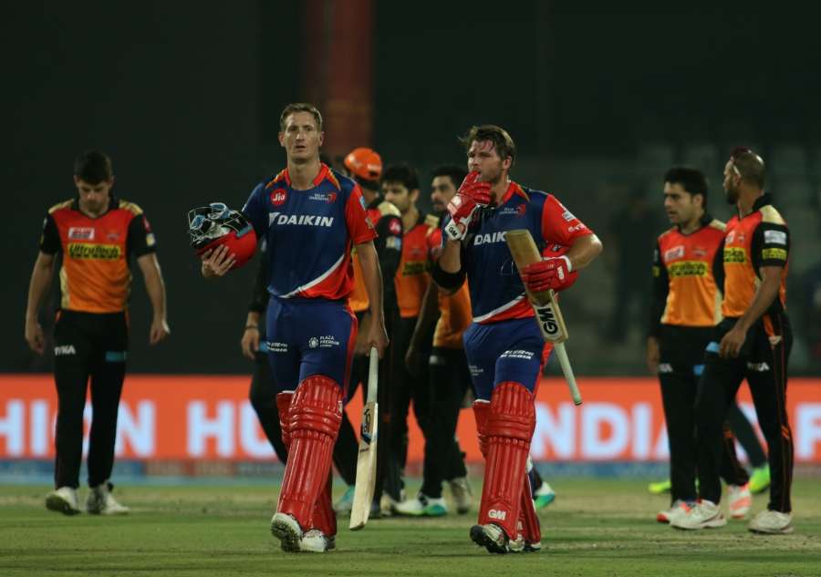 New Delhi: Corey Anderson and Chris Morris of Delhi Daredevils celebrate after winning an IPL 2017 match between Sunrisers Hyderabad and Delhi Daredevils at Feroz Shah Kotla in New Delhi on May 2, 2017. (Photo: Surjeet Yadav/IANS) by .