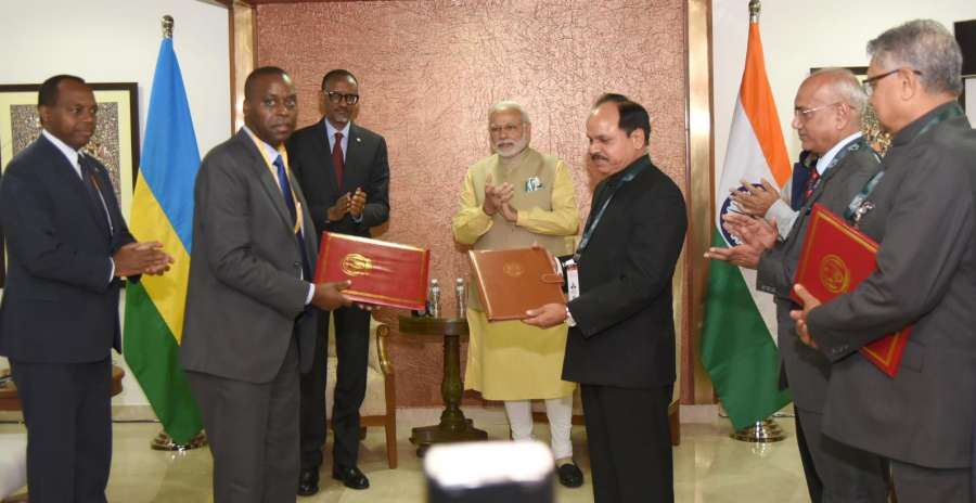 Gandhinagar: Prime Minister Narendra Modi and President of Rwanda Paul Kagame witness the exchange of an MoU on Forensic Sciences cooperation and Rwandaâs accession to the International Solar Alliance, on the sidelines of the Vibrant Gujarat Global Summit 2017, in Gandhinagar, on Jan 10, 2017. (Photo: IANS/PIB) by .