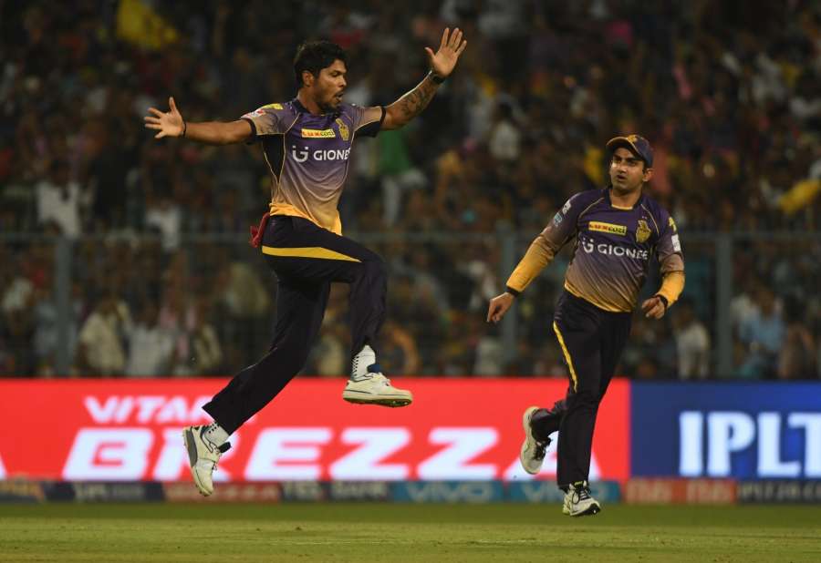 Kolkata: Kolkata Knight Riders celebrate fall of Ajinkya Rahane's wicket during an IPL 2017 match between Kolkata Knight Riders and Rising Pune Supergiant at Eden Gardens in Kolkata, on May 3, 2017. (Photo: IANS) by .