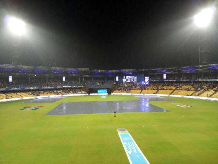 Bengaluru: Rains interrupt IPL 2017 second qualifier match between Kolkata Knight Riders and Sunrisers Hyderabad at M Chinnaswamy Stadium in Bengaluru on May 17, 2017. (Photo: Dhananjay TK/IANS) by .