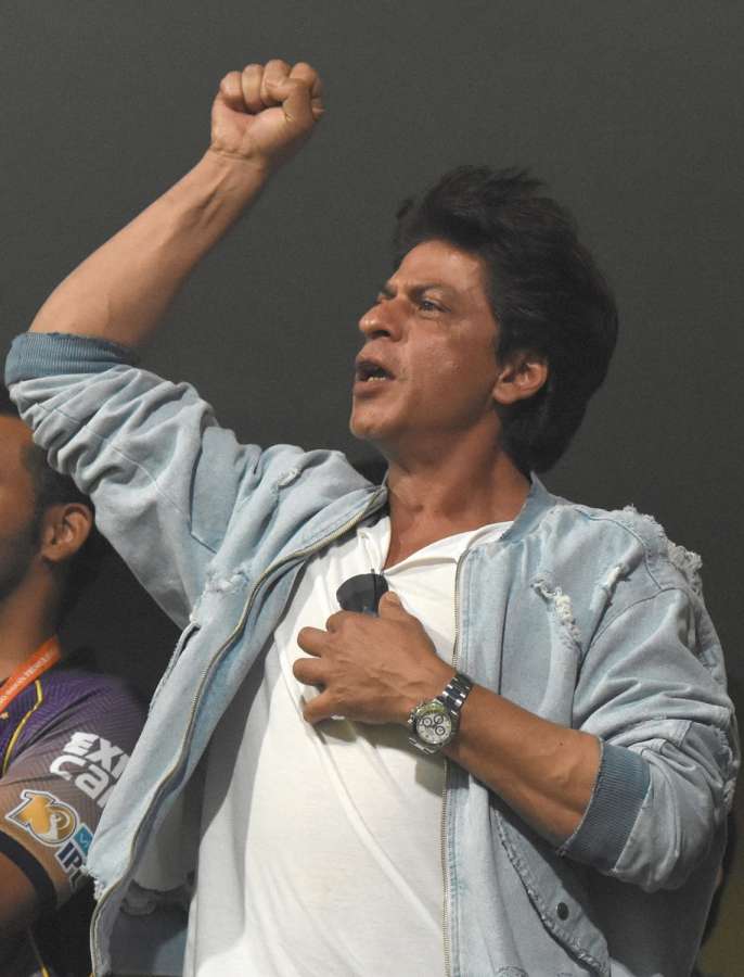 Bengaluru: Actor and Kolkata Knight Riders co-owner Shah Rukh Khan reacts after his team won the second qualifier match of IPL 2017 against Sunrisers Hyderabad at M Chinnaswamy Stadium in Bengaluru on May 17, 2017. (Photo: Dhananjay TK/IANS) by .