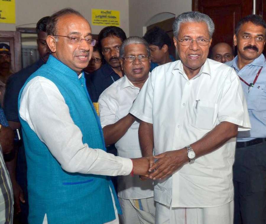 Kochi: Minister of State for Youth Affairs and Sports (I/C), Water Resources, River Development and Ganga Rejuvenation Vijay Goel meets Kerala Chief Minister Pinarayi Vijayan to discuss about the preparations of FIFA U-17 World Cup in Kochi on April 29, 2017. (Photo: IANS/PIB) by .