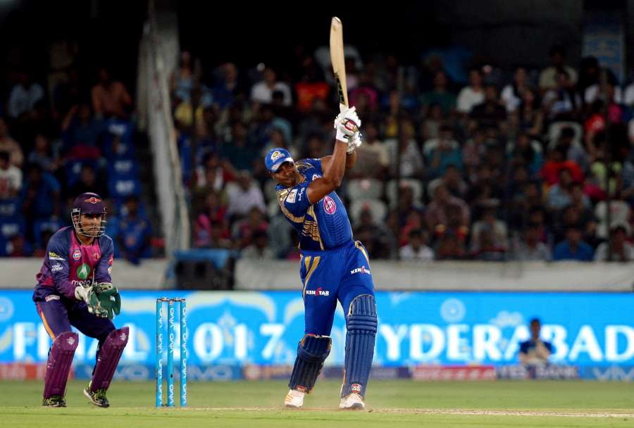 Hyderabad: Kieron Pollard of Mumbai Indians in action during the final match of IPL 2017 between Mumbai Indians and Rising Pune Supergiant at Rajiv Gandhi International Stadium in Hyderabad on May 21, 2017. (Photo: IANS) by .