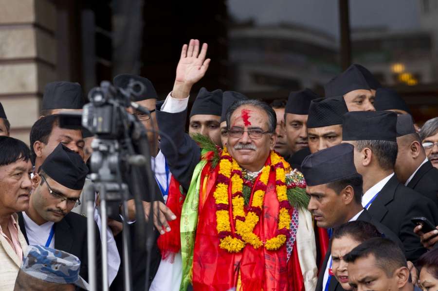 KATHMANDU, Aug. 3, 2016 (Xinhua) -- Nepal's newly elected Prime Minister Puspa Kamal Dahal (C) waves after winning the election in Kathmandu, Nepal, Aug. 3, 2016. CPN (Maoist Center) Chairman Pushpa Kamal Dahal, also known as Prachanda, is elected as the 39th Prime Minister of Nepal on Wednesday. (Xinhua/Pratap Thapa/IANS) by . 