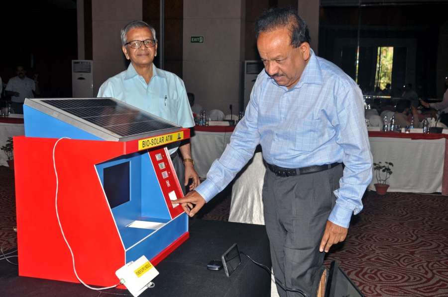 Kolkata: Union Science and Technology Minister Harsh Vardhan demonstrates Bio-Solar ATM during "DST Conclave 2017" in Kolkata on May 3, 2017. (Photo: Kuntal Chakrabarty/IANS) by .