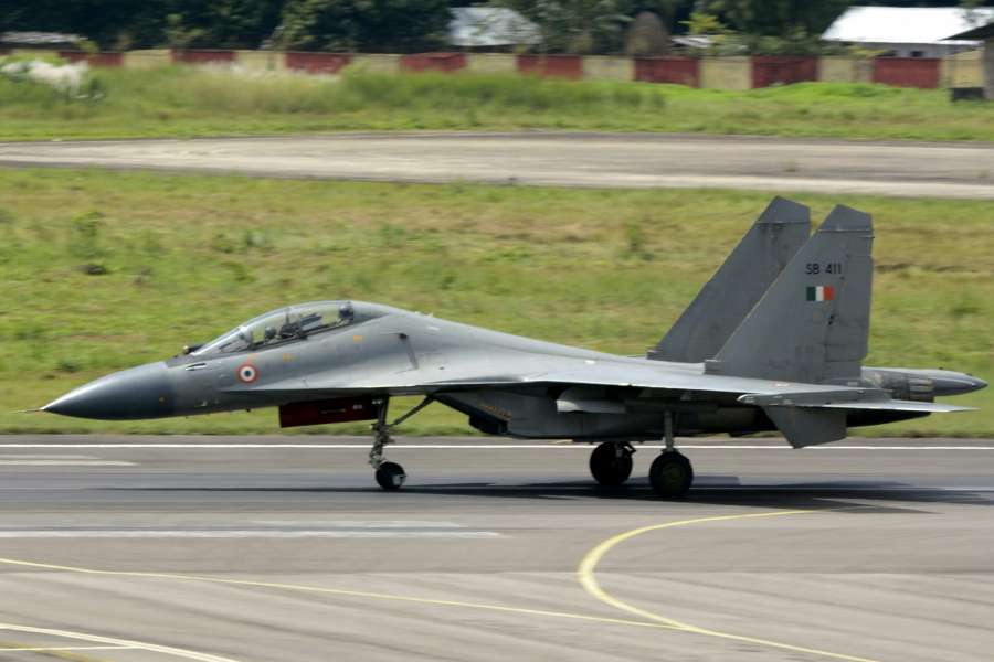 Agartala: The Sukhoi SU-30 combat jet that landed at the civil airport in Agartala on Sept 15, 2016. (Photo: IANS) by .