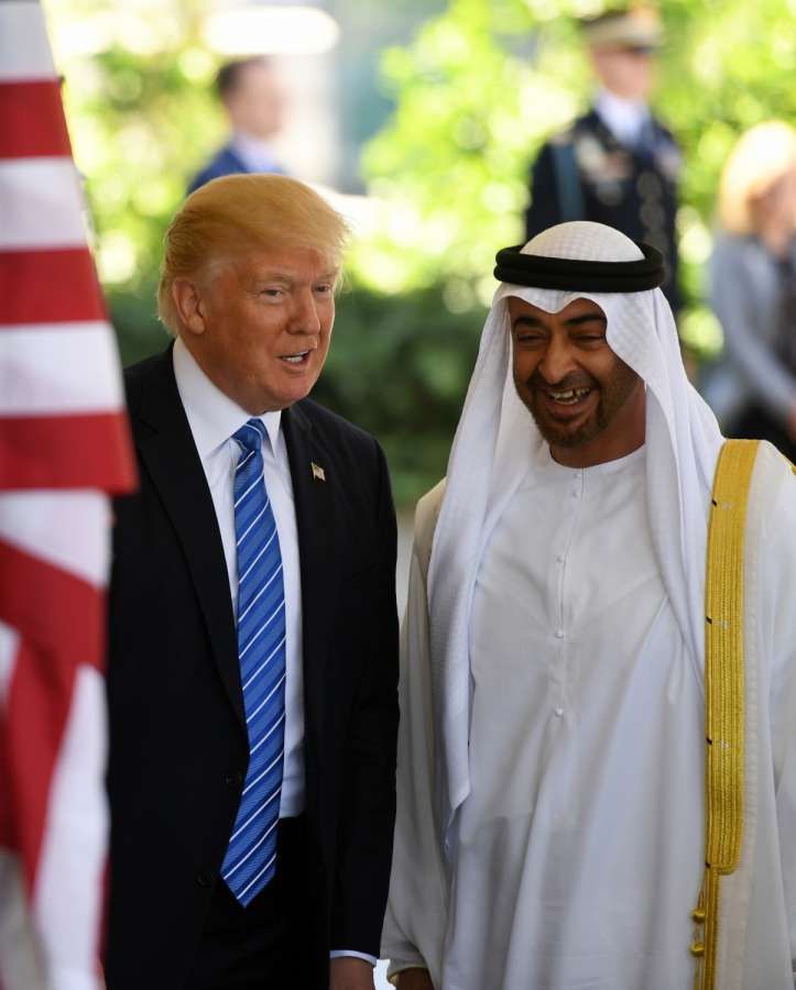 WASHINGTON, May 15, 2017 (Xinhua) -- U.S. President Donald Trump (L) welcomes Sheikh Mohamed bin Zayed Al-Nahyan, Abu Dhabi Crown Prince of the United Arab Emirates (UAE), at the White House in Washington D.C., the United States, on May 15, 2017. (Xinhua/Yin Bogu/IANS) by . 