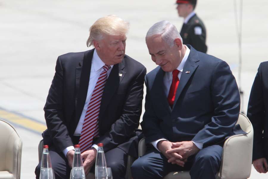 TEL AVIV, May 22, 2017 (Xinhua) -- U.S. President Donald Trump (L) speaks with Israeli Prime Minister Benjamin Netanyahu at Ben Gurion International Airport in Tel Aviv, Israel, on May 22, 2017. Trump has arrived in Ben Gurion Airport in Tel Aviv, kicking off his second leg of the Middle East visit in Israel and Palestine.(Xinhua/Gil Cohen Magen/IANS) (dtf) by . 