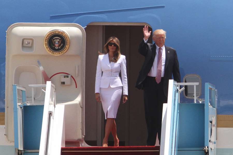 TEL AVIV, May 22, 2017 (Xinhua) -- U.S. President Donald Trump (R) and First Lady Melania Trump walk out of the Air Force One at Ben Gurion International Airport in Tel Aviv, Israel, on May 22, 2017. Trump has arrived in Ben Gurion Airport in Tel Aviv, kicking off his second leg of the Middle East visit in Israel and Palestine. (Xinhua/Gil Cohen Magen/IANS) (dtf) by . 