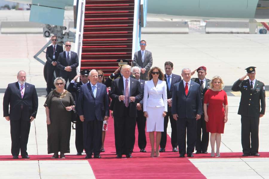 TEL AVIV, May 22, 2017 (Xinhua) -- U.S. President Donald Trump (front, 4th L) arrives at Ben Gurion International Airport in Tel Aviv, Israel, on May 22, 2017. Trump has arrived in Ben Gurion Airport in Tel Aviv, kicking off his second leg of the Middle East visit in Israel and Palestine. (Xinhua/Gil Cohen Magen/IANS) (dtf) by .